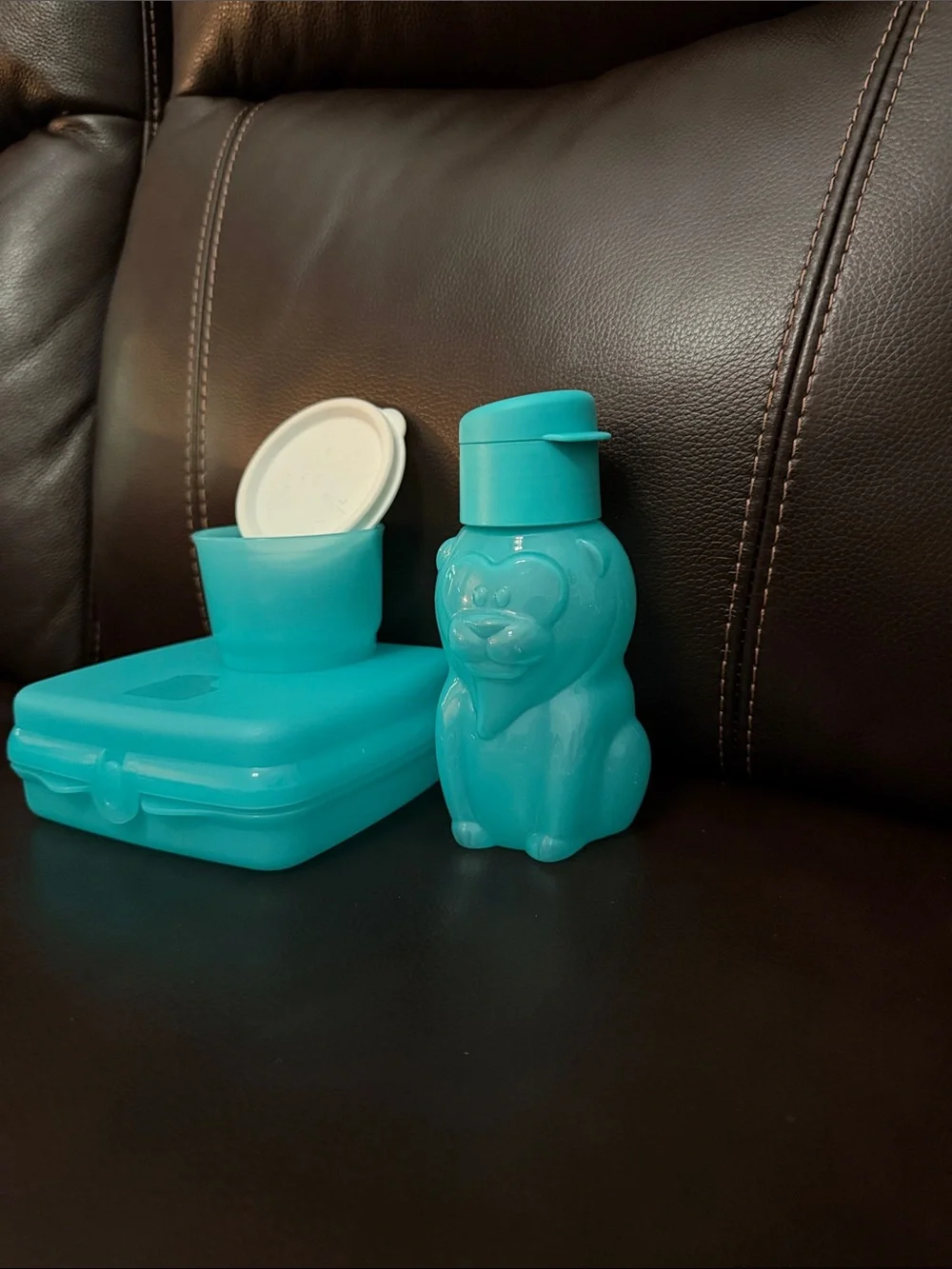 Tupperware Turquoise Kids Snack Box with Lion cup and small Container